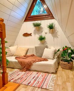 a bed in a room with potted plants on the wall at Utca végi házikó in Ásványráró