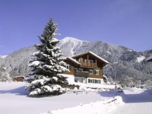 eine Blockhütte im Schnee mit einem Weihnachtsbaum in der Unterkunft Ferienhaus Lorenzin in Sankt Gallenkirch