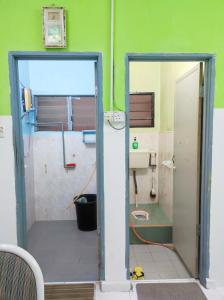 a bathroom with a toilet and a green wall at D'Hiquapis Homestay in Seri Manjung