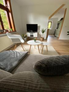 een woonkamer met een bank en een tafel bij Apartment Hohe Pappel Weimar in Weimar