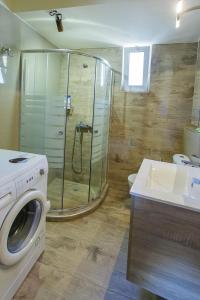 a bathroom with a shower and a washing machine at Villa Vienna in Káto Viánnos