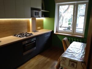 een keuken met een fornuis, een raam en een tafel bij Brivibas Avenue Apartment in Jūrmala