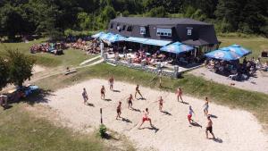 um grupo de pessoas a jogar voleibol na praia em Apartmani Plaža em Bor