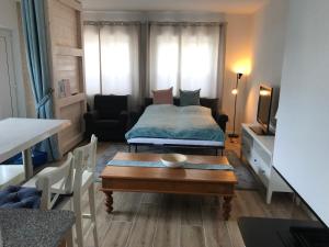 a small room with a bed and a table with a coffee table at Alte Post Altwahnsdorf in Radebeul
