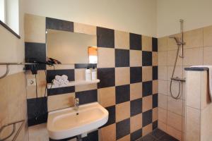 La salle de bains est pourvue d'un lavabo et d'une douche avec un miroir. dans l'établissement Chalet Egmond, à Egmond aan den Hoef