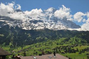 a view of a mountain with a village in front at Chalet Spillstatt in Grindelwald