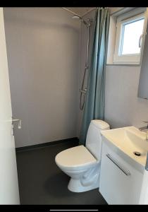 a bathroom with a white toilet and a sink at Aa Strand Camping in Ebberup