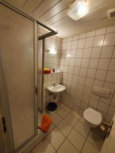 a bathroom with a shower and a toilet and a sink at Hotel Jungmann in Saarlouis