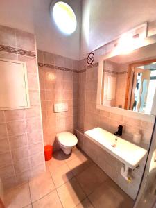 La salle de bains est pourvue de toilettes, d'un lavabo et d'un miroir. dans l'établissement Il Nido, à Cugnasco