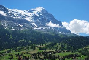 a mountain with a village in front of it at Chalet Spillstatt in Grindelwald