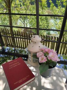 um livro e um vaso de flores sobre uma mesa com um livro em Drinski pogled em Bajina Bašta