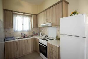 une cuisine avec des armoires en bois et un réfrigérateur blanc dans l'établissement Lollas Apartments Acharavi Corfu, à Acharavi