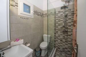 W łazience znajduje się prysznic, toaleta i umywalka. w obiekcie Lollas Apartments Acharavi Corfu w Acharavi