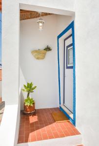 a house with a blue and white door and a plant at CASA DA ALDEIA II in Alcaria Ruiva