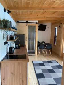 een keuken met een aanrecht en een tafel in een kamer bij Woody House in Krčedin