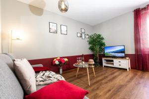 a living room with a couch and a tv at Le Red St Léon : Lit Queen Size * WIFI * Idéal Couple in Colmar