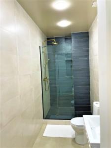 uma casa de banho com um WC e uma cabina de duche em vidro. em Apartment D. Digomi em Tbilisi
