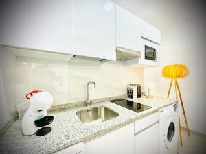 a kitchen with a sink and a counter top at Apartamentos Guaditania in Mérida