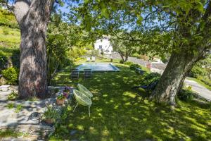 een uitzicht op een tuin met een zwembad en twee bomen bij Villa A Ventosa in Bastia