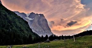 una vista de una montaña en un campo al atardecer en Loft4two en Meiringen