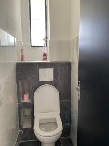 een badkamer met een wit toilet en een raam bij Magnifique T3 quartier près d’arènes tram au pied de l’immeuble in Montpellier