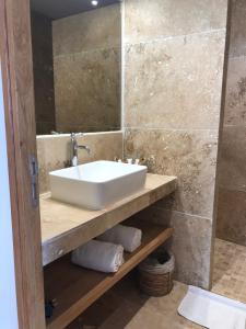 a bathroom with a white sink and a shower at Entre les Arènes et la Major in Arles