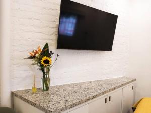 a vase of flowers on a counter with a television on a wall at Studio Pulpito in the charming heart of downtown PV in Puerto Vallarta