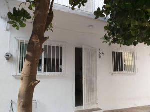 a white building with a door and a tree at Studio Pulpito in the charming heart of downtown PV in Puerto Vallarta