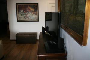a room with a television and a painting on the wall at Colev Rooms in Focşani