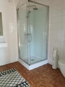 a shower in a bathroom with a glass shower stall at Van Horick in Baal