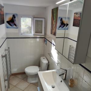 y baño con aseo, lavabo y espejo. en Appartement avec piscine chauffée, en Collobrières