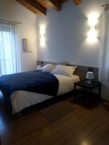 a bedroom with a large bed with a blue blanket at Casa Rosa dei Venti in Cividale del Friuli