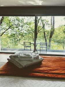 een bed in een kamer met een groot raam bij Oak Nature in Vieira do Minho