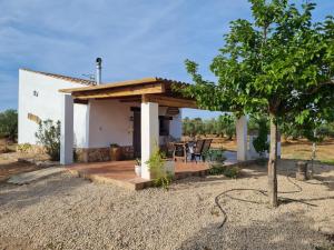 a small white house with a wooden roof at Lo raconet 2 in L'Ampolla