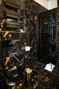 a black and gold bathroom with a toilet at Jungle Apartments in Wrocław