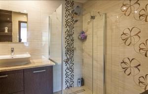 a bathroom with a shower and a sink at Biały domek nad stawem in Huta Wielka +48 photos