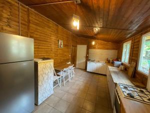 eine Küche mit Holzwänden und einem Kühlschrank im Zimmer in der Unterkunft Lake View in Lunca Mare