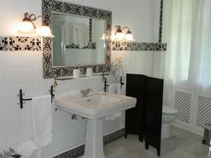 ein Badezimmer mit einem Waschbecken, einem WC und einem Spiegel in der Unterkunft Palacio de la Rambla in Úbeda