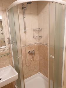 una ducha con una puerta de cristal junto a un lavabo en Sophos, en Supetar