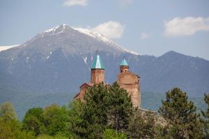 two towers on a castle with a mountain in the background at Chateau Gremisio in Kvareli