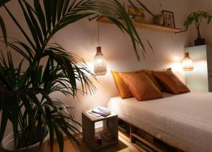 - une chambre avec un lit et une plante en pot dans l'établissement La Ganza suite apartment Visit the most charming sea of Tuscany, à Portoferraio