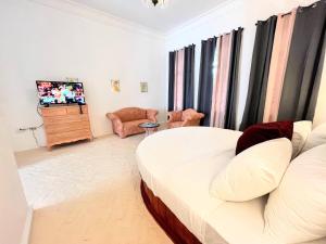 a bedroom with a bed and a tv and a couch at Jamaica Palace Hotel in Port Antonio