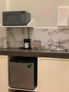 a microwave oven sitting on top of a kitchen counter at BERTHEL SUITES in Chilpancingo de los Bravos
