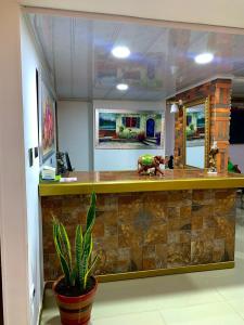 a kitchen with a counter with a toy bear on it at Hotel Torre Primavera in Medellín