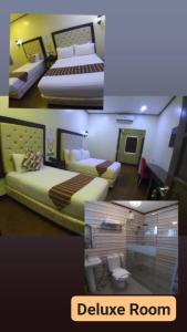 two pictures of a bedroom with two beds and a deluxe room at The Ambassador Hotel in Tacloban