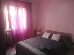 a bedroom with a bed with pink walls and a window at bonheur in Médis