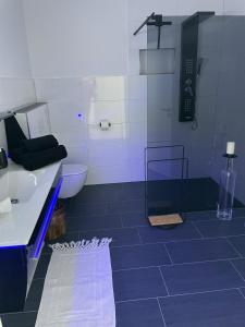 a bathroom with a sink and a toilet and a phone at Apartments Saaldorf-Ferienhaus mit 6 separaten Apartments 45qm-120qm in Bad Lobenstein