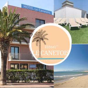 ein Hotel mit einer Palme und einem Gebäude in der Unterkunft Hôtel le Canetois in Canet-en-Roussillon