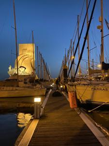 un groupe de bateaux amarrés à un quai la nuit dans l'établissement Stay in a Boat - Lisboa, à Lisbonne