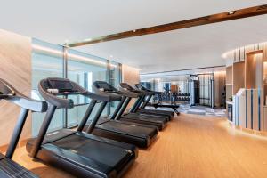 a gym with a row of treadmills in a room at Taj Exotica Resort & Spa, The Palm, Dubai in Dubai